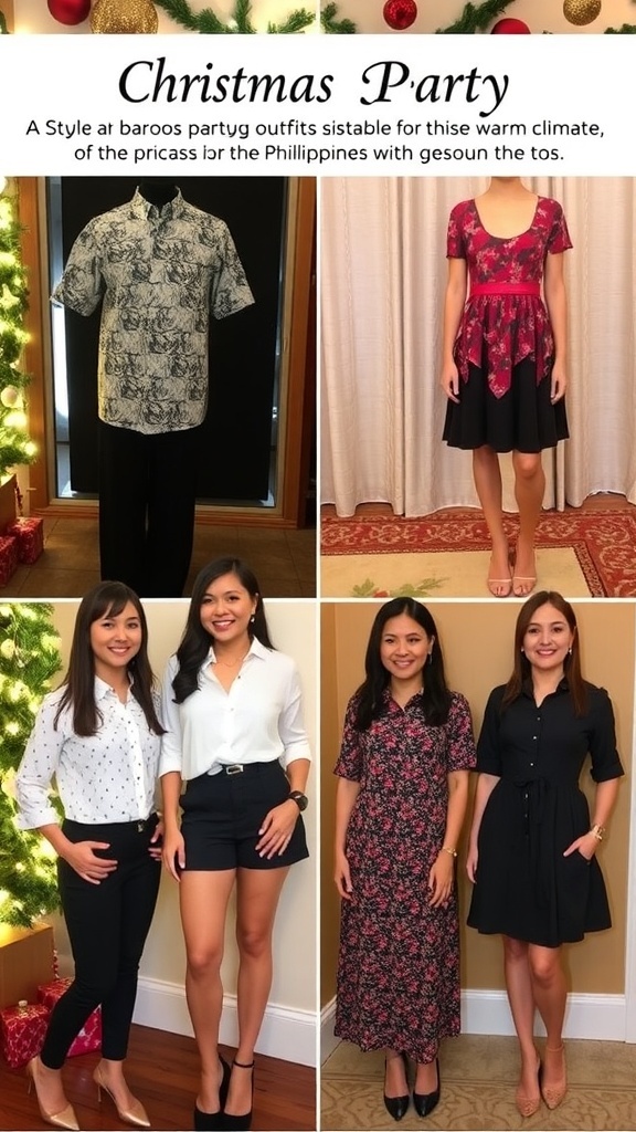 Stylish Christmas party outfits for the Philippines, including barong tagalog, Filipiniana dress, and casual chic attire.